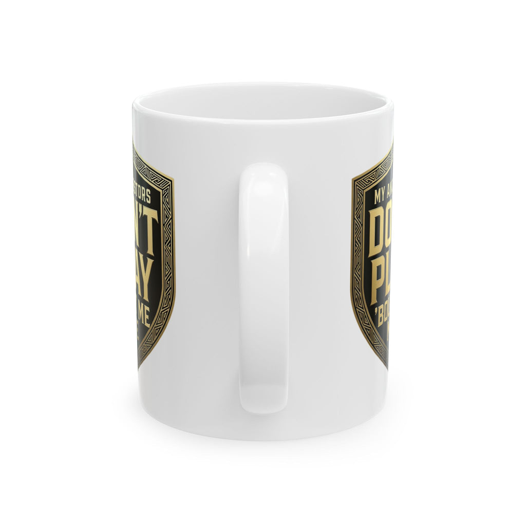 Ceramic Mug — 'Don't Push My Buttons' Vintage Shield Coffee Mug