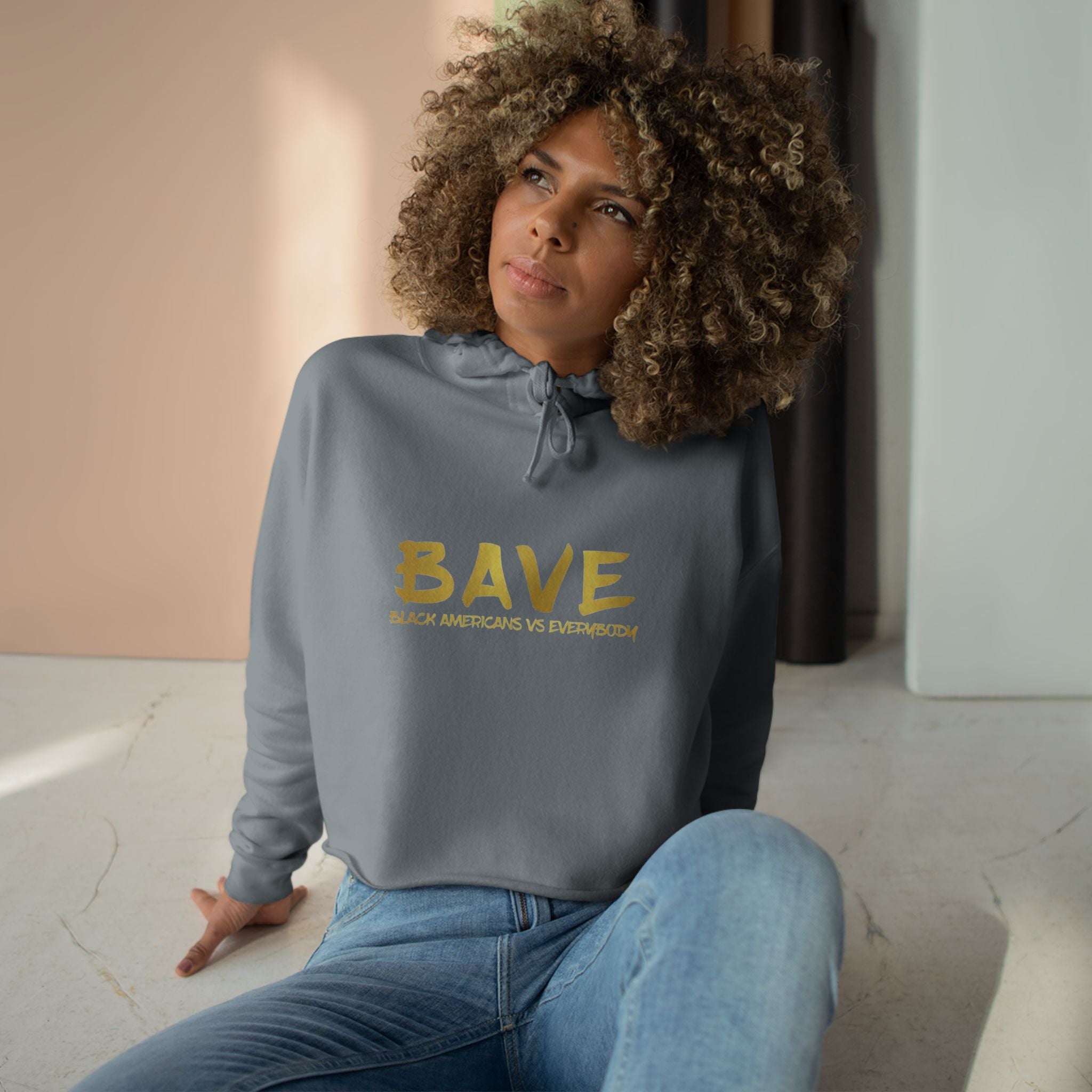 BAVE logo gold script Crop Hoodie | minimalist streetwear, white