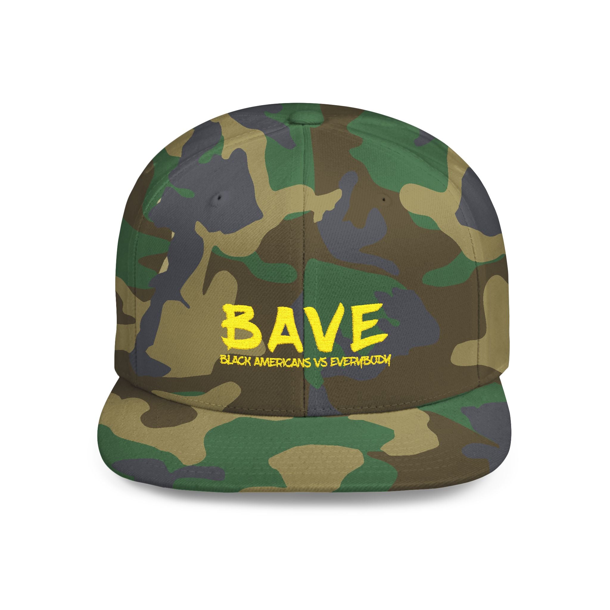 BAVE Black Americans Vs Everybody embroidered flat bill snapback hat | yellow distressed lettering