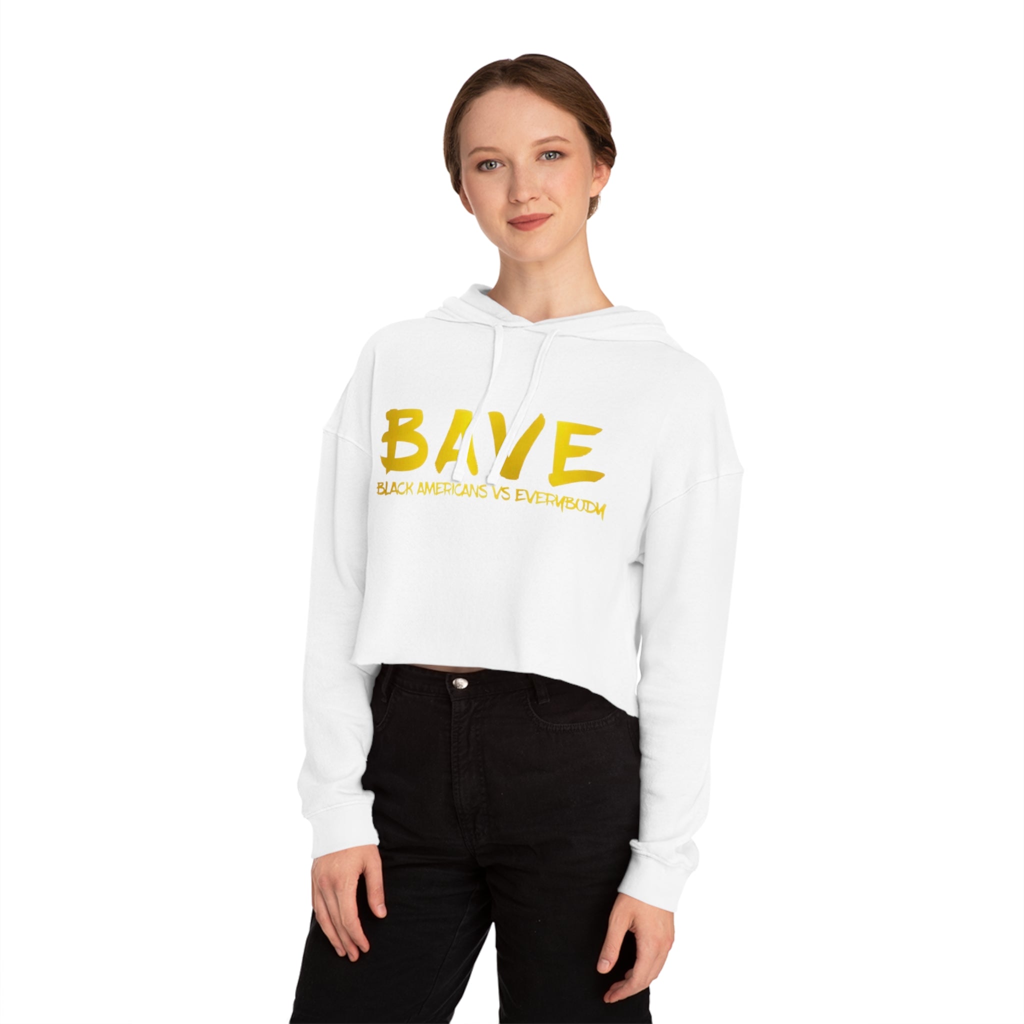 BAVE logo gold script Crop Hoodie | minimalist streetwear, white