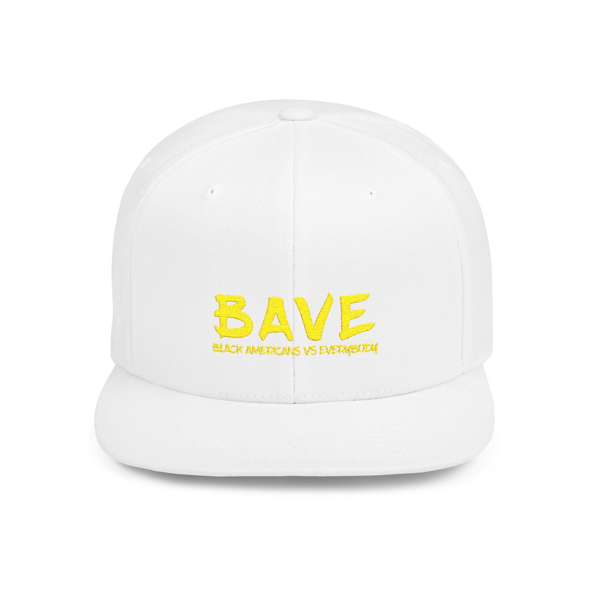 BAVE Black Americans Vs Everybody embroidered flat bill snapback hat | yellow distressed lettering