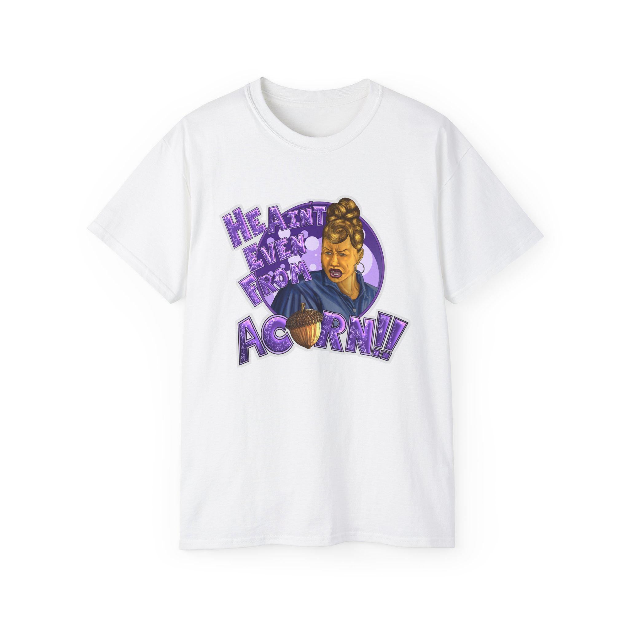He Ain't Livin' Right Acorny Tee | Retro Portrait, Purple Graphic
