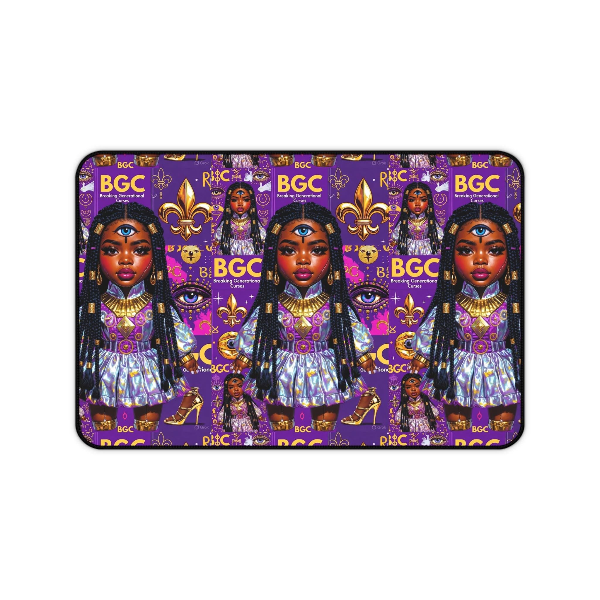 Afro Girl Pattern Desk Mat | Purple Fleur-de-lis Gaming Mousepad
