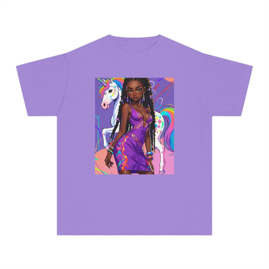 Afro Girl with Unicorn Youth Tee | Rainbow Magic, Purple Dress