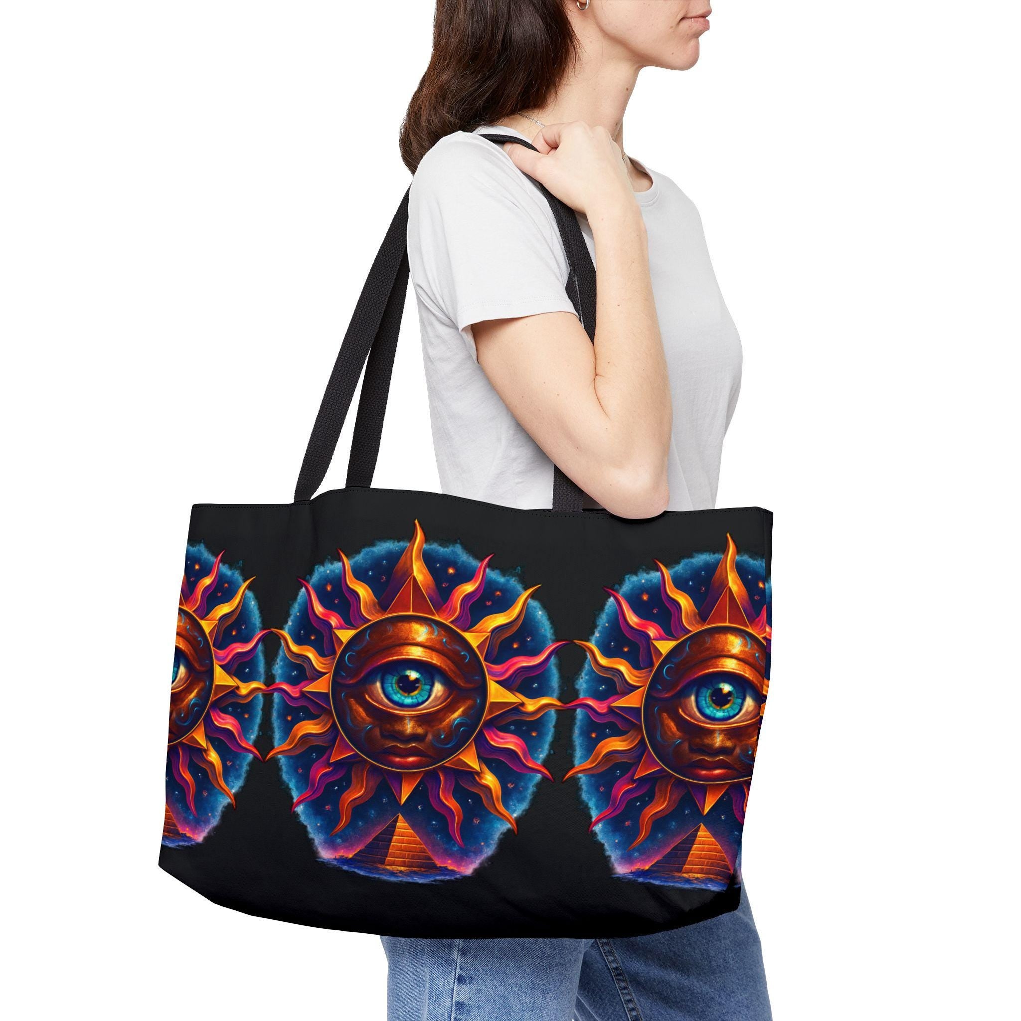 All-Seeing Sun Eye Weekender Tote Bag | Psychedelic Sun, Mystical Eye Pattern