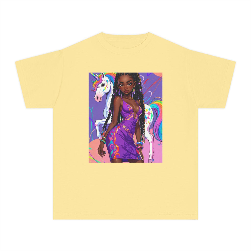 Afro Girl with Unicorn Youth Tee | Rainbow Magic, Purple Dress