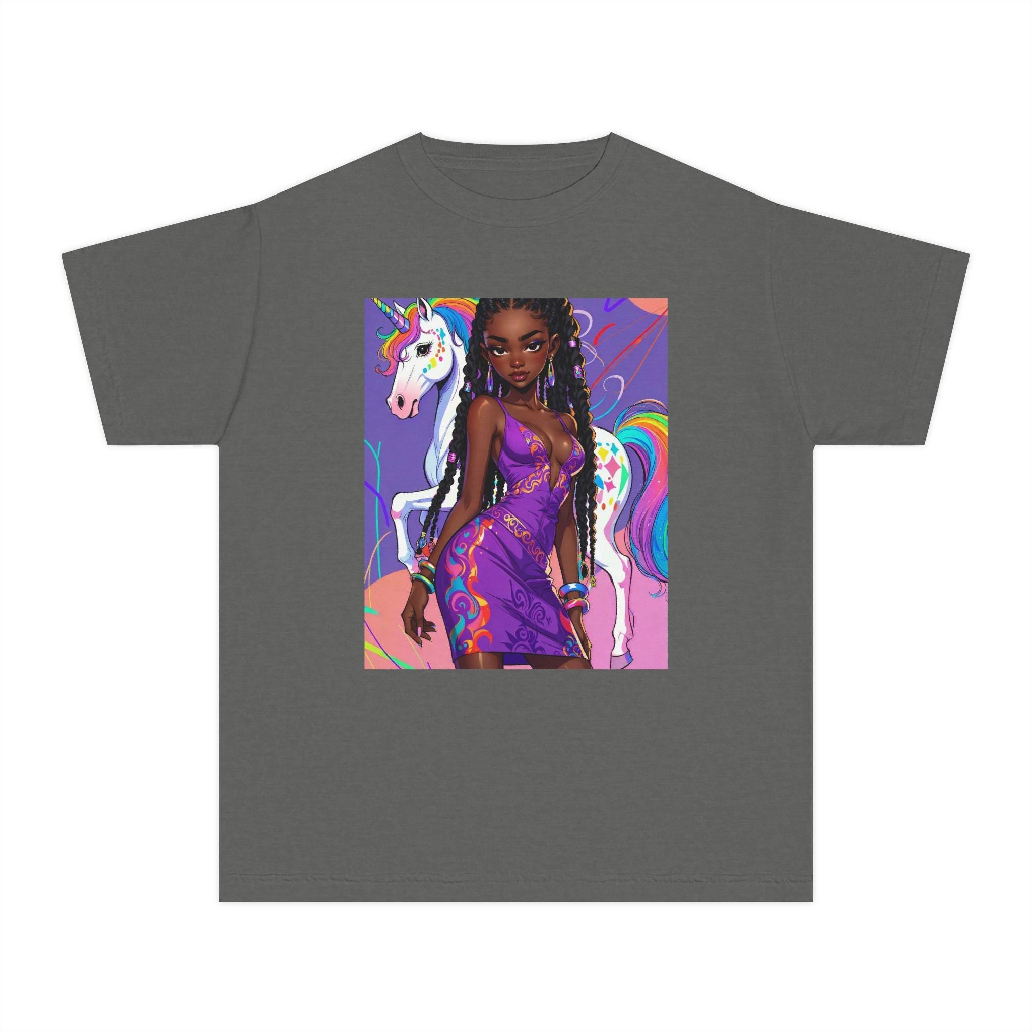 Afro Girl with Unicorn Youth Tee | Rainbow Magic, Purple Dress