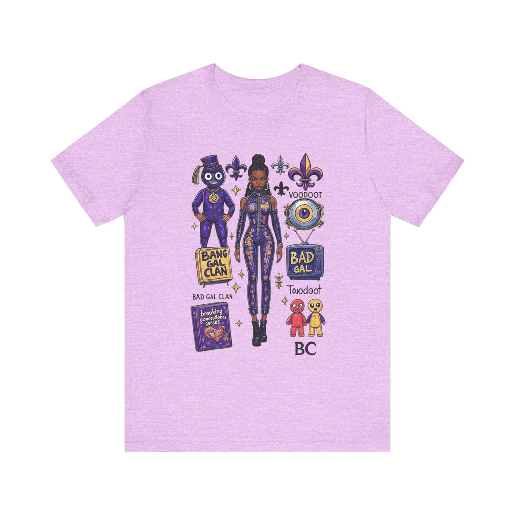 Bad Gal Clan artwork T-Shirt | Voodoo icons, fleur-de-lis, purple character stickers