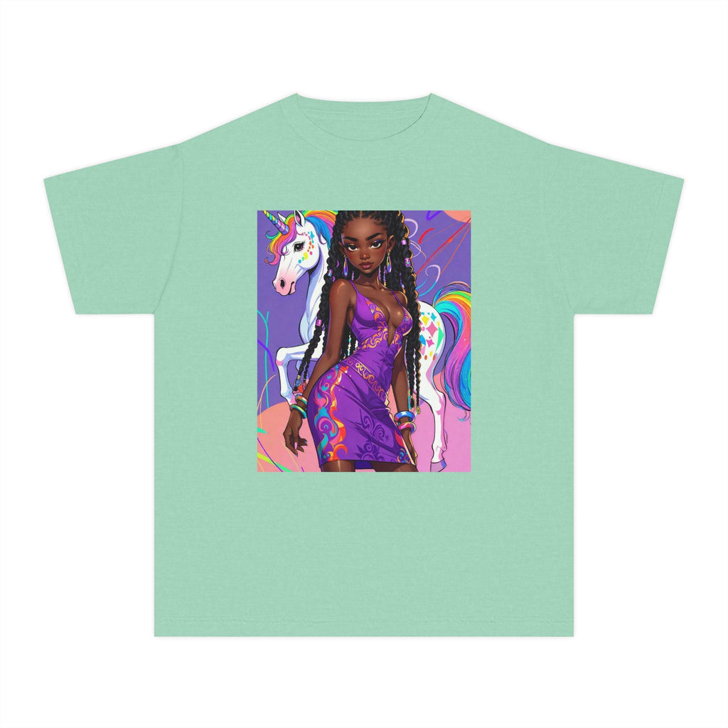 Afro Girl with Unicorn Youth Tee | Rainbow Magic, Purple Dress