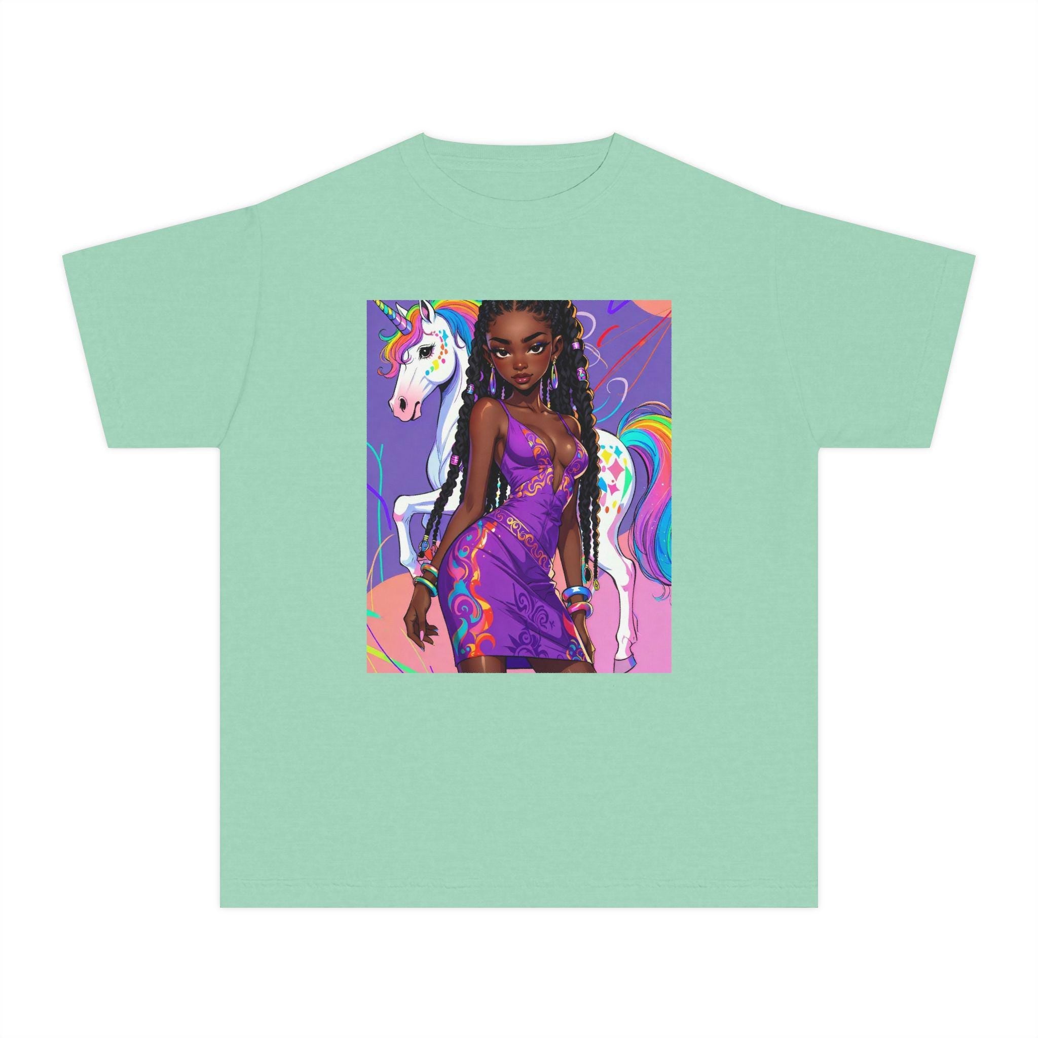 Afro Girl with Unicorn Youth Tee | Rainbow Magic, Purple Dress