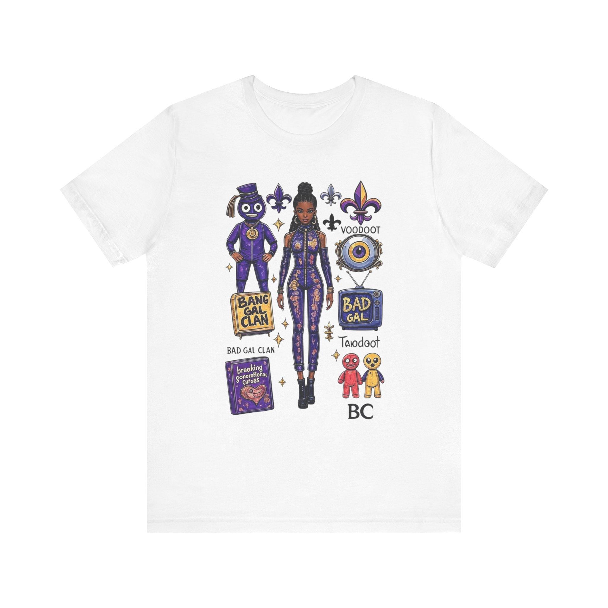 Bad Gal Clan artwork T-Shirt | Voodoo icons, fleur-de-lis, purple character stickers