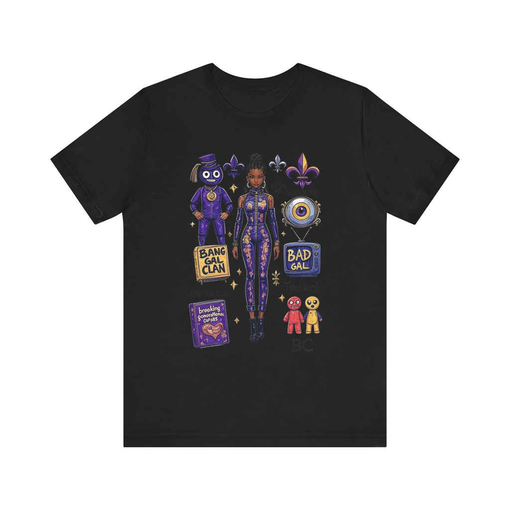 Bad Gal Clan artwork T-Shirt | Voodoo icons, fleur-de-lis, purple character stickers
