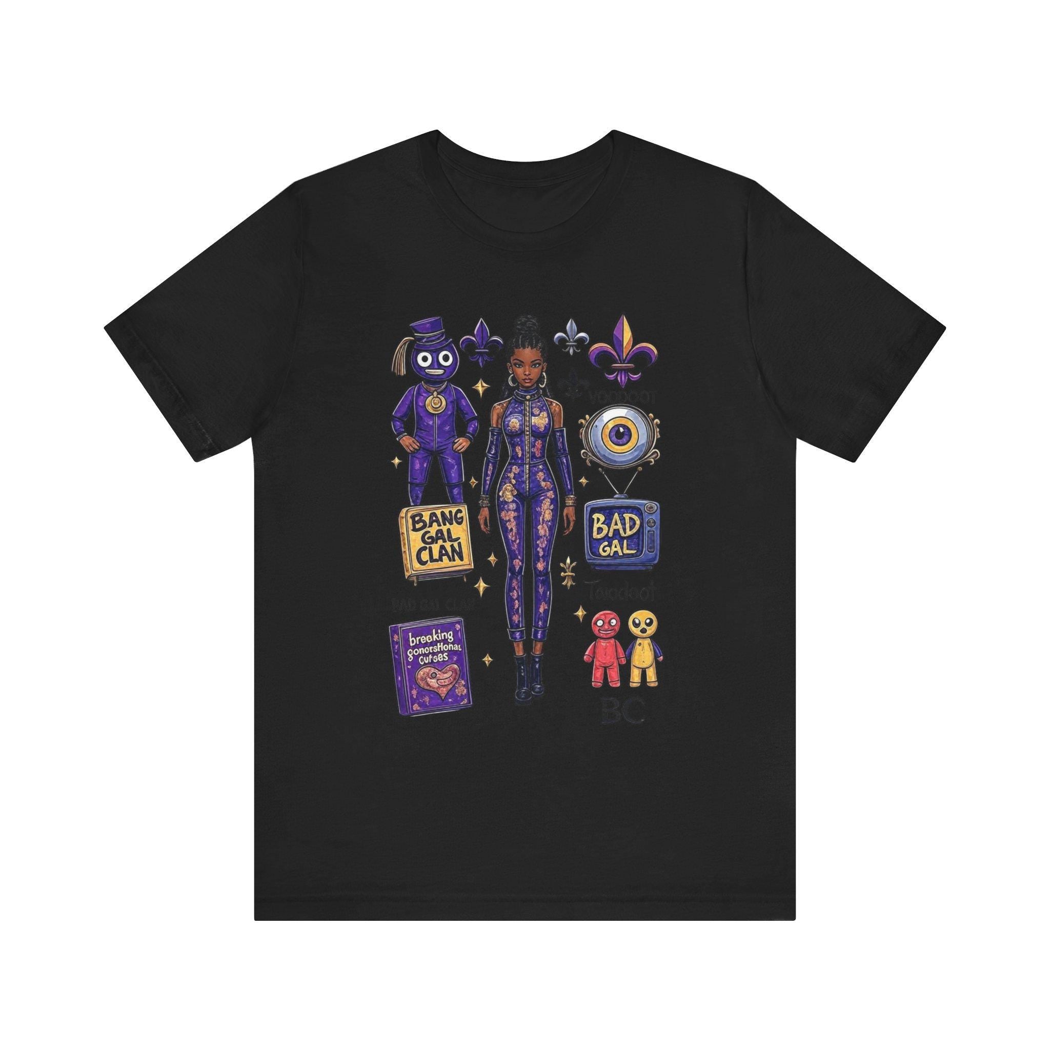 Bad Gal Clan artwork T-Shirt | Voodoo icons, fleur-de-lis, purple character stickers
