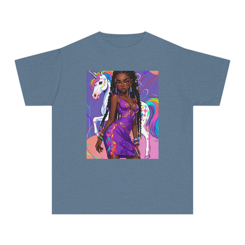 Afro Girl with Unicorn Youth Tee | Rainbow Magic, Purple Dress