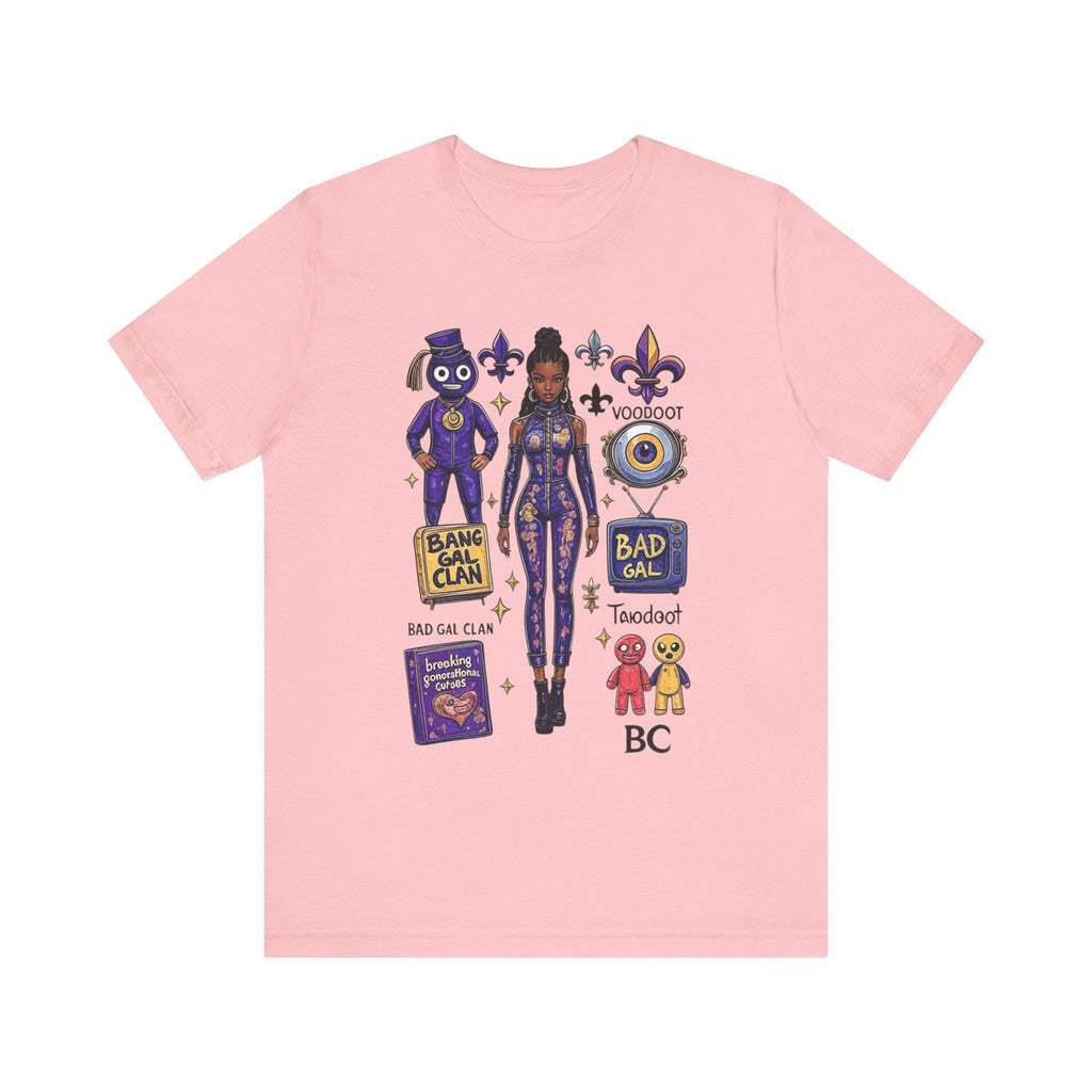 Bad Gal Clan artwork T-Shirt | Voodoo icons, fleur-de-lis, purple character stickers