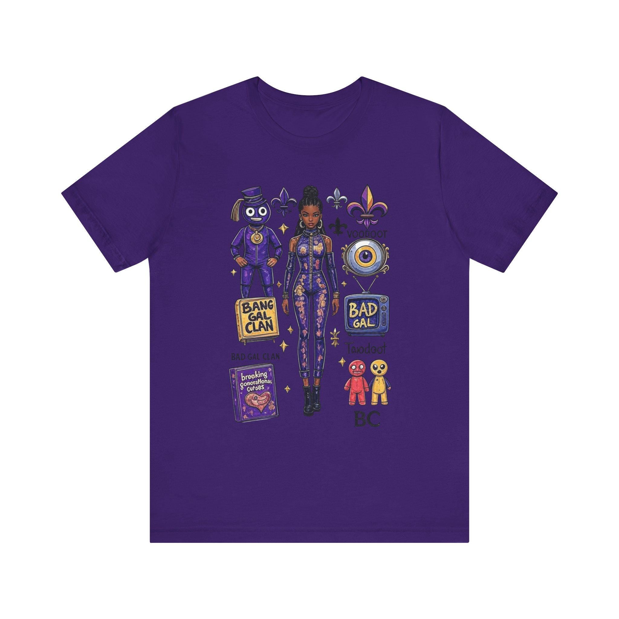 Bad Gal Clan artwork T-Shirt | Voodoo icons, fleur-de-lis, purple character stickers