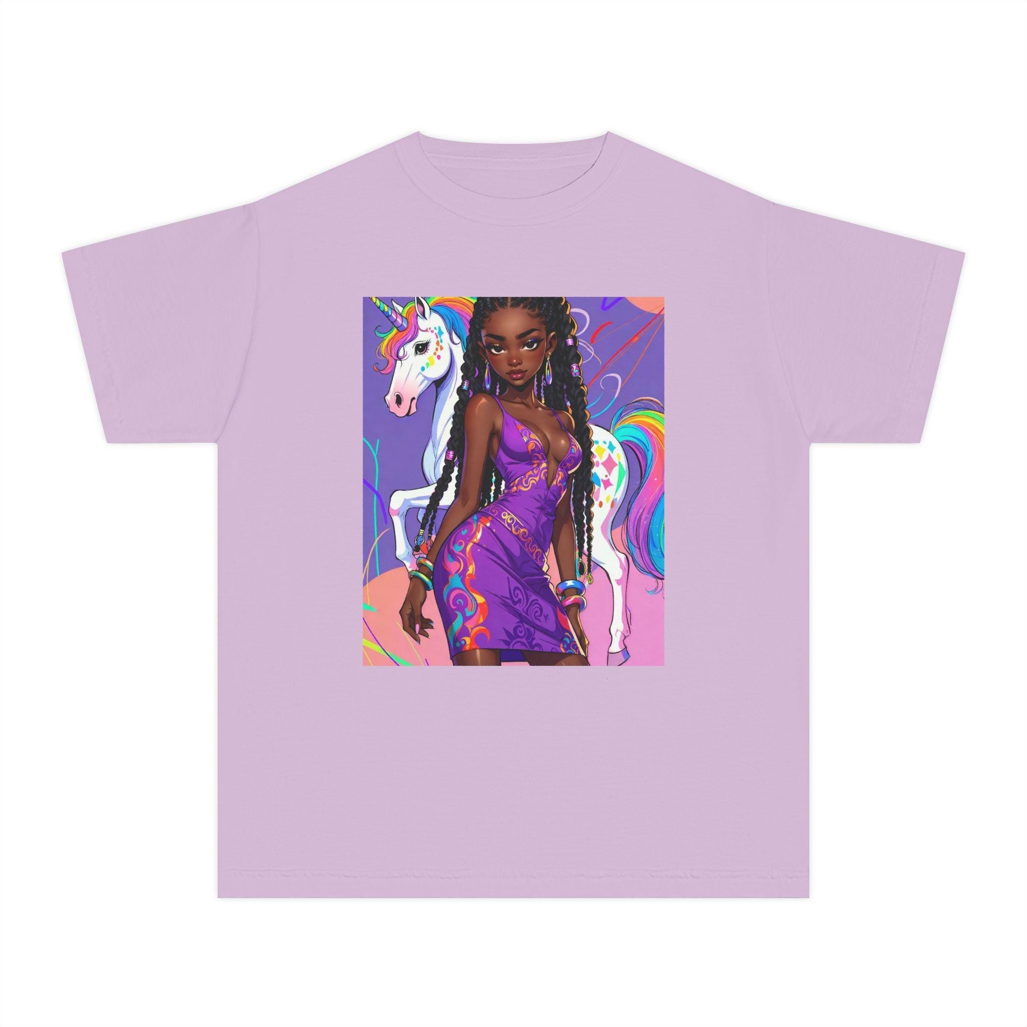 Afro Girl with Unicorn Youth Tee | Rainbow Magic, Purple Dress