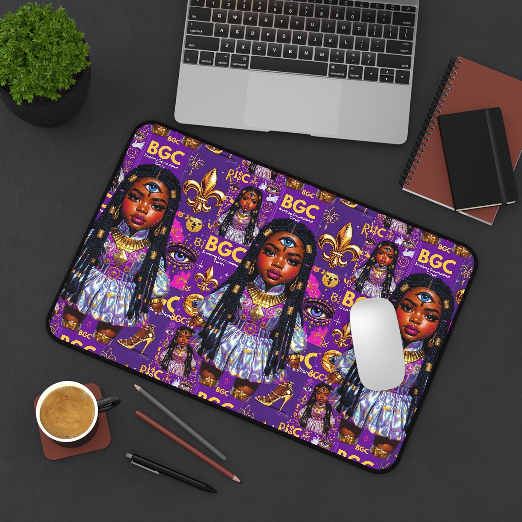 Afro Girl Pattern Desk Mat | Purple Fleur-de-lis Gaming Mousepad