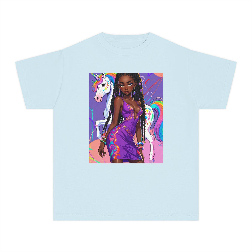 Afro Girl with Unicorn Youth Tee | Rainbow Magic, Purple Dress