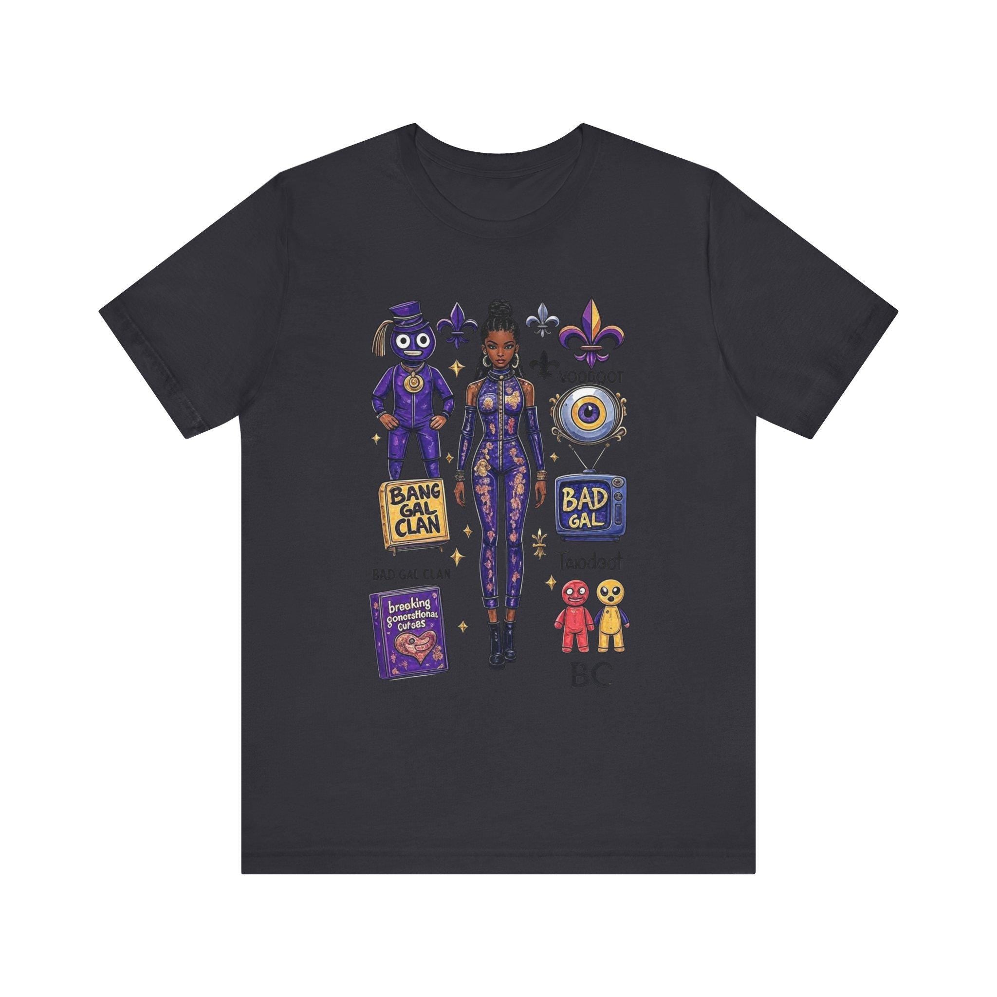 Bad Gal Clan artwork T-Shirt | Voodoo icons, fleur-de-lis, purple character stickers