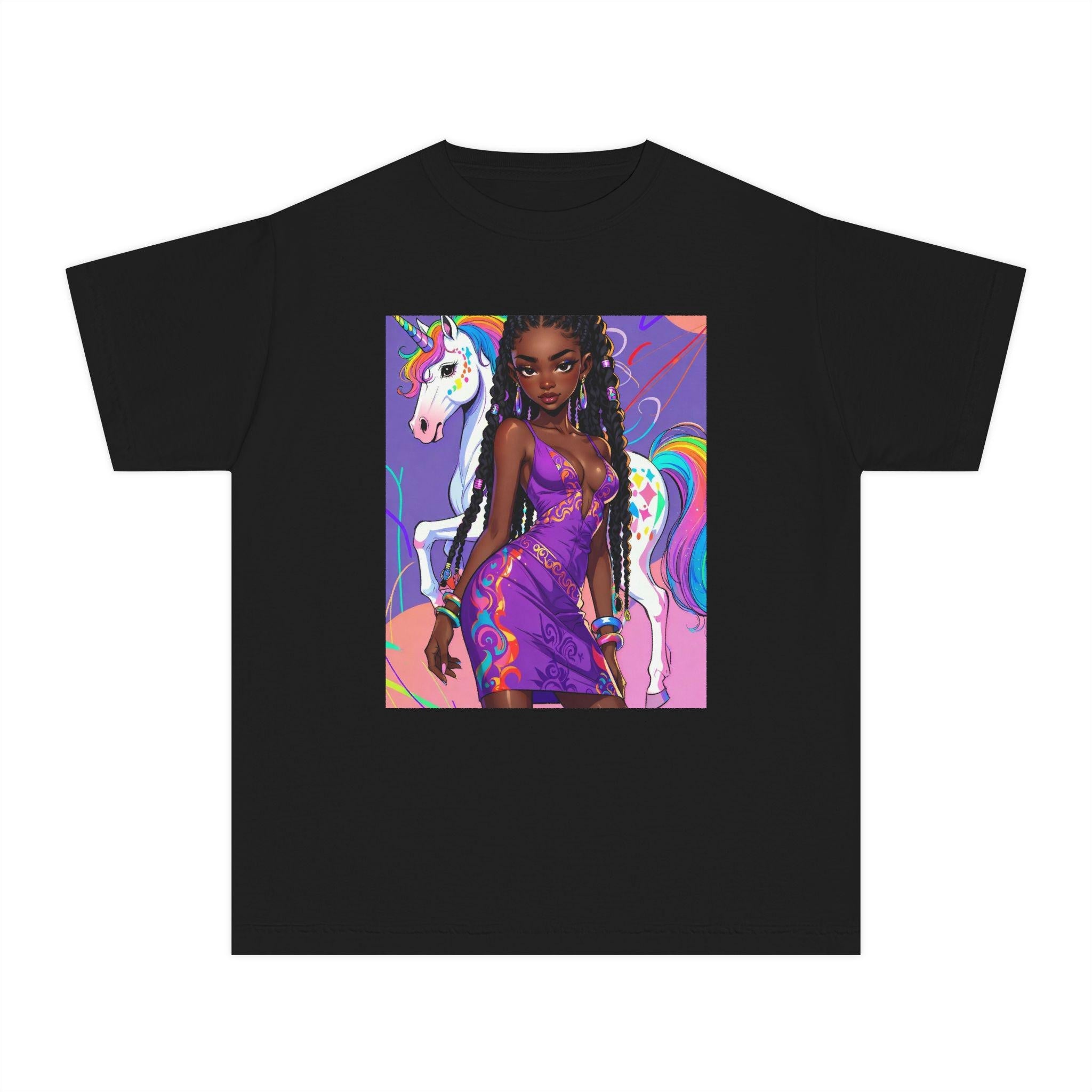 Afro Girl with Unicorn Youth Tee | Rainbow Magic, Purple Dress