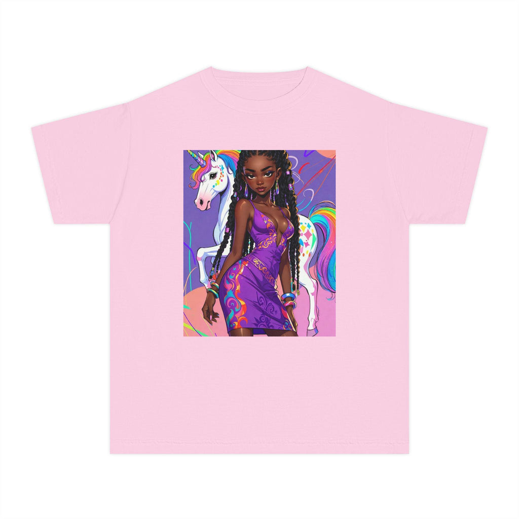 Afro Girl with Unicorn Youth Tee | Rainbow Magic, Purple Dress