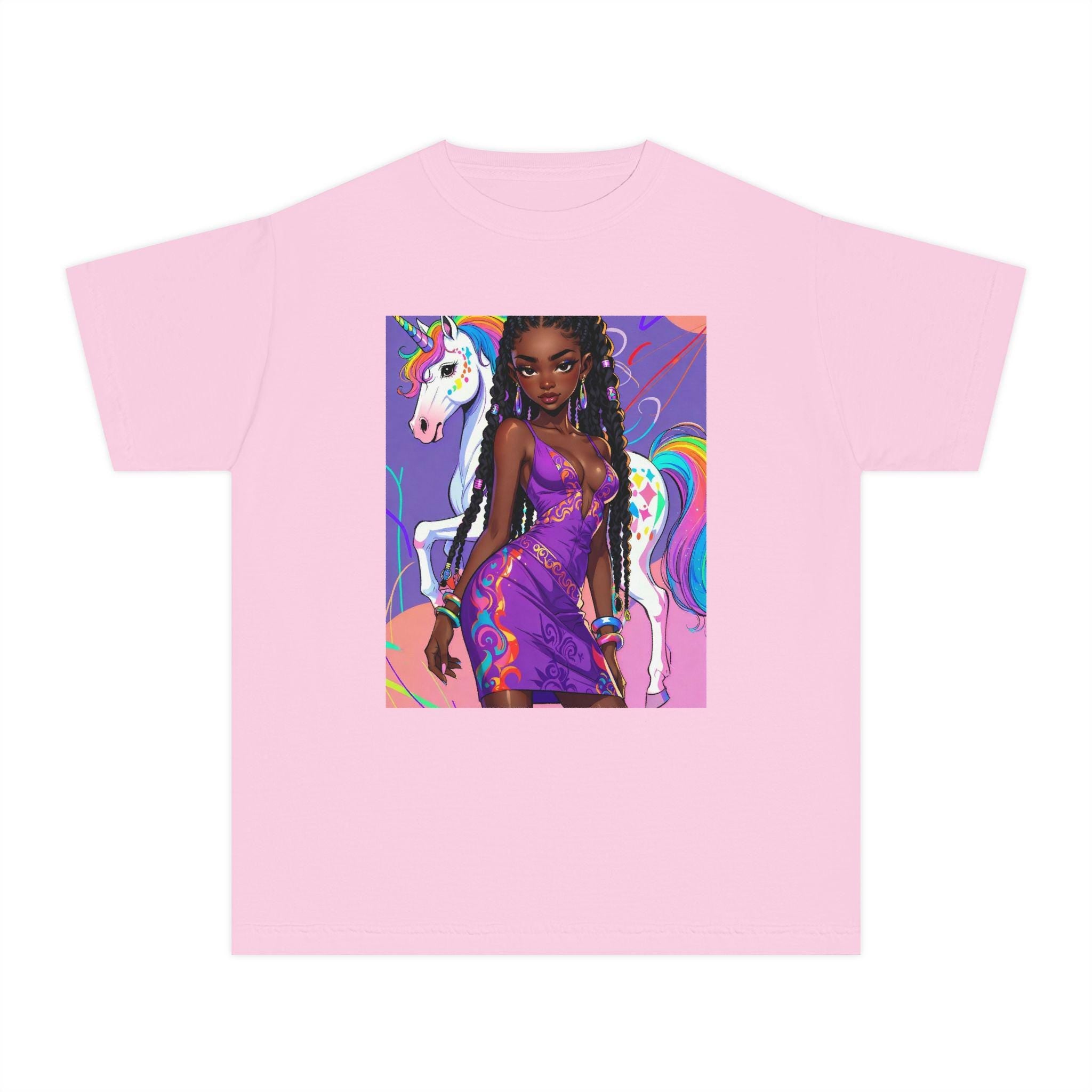 Afro Girl with Unicorn Youth Tee | Rainbow Magic, Purple Dress