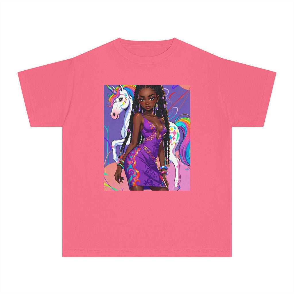 Afro Girl with Unicorn Youth Tee | Rainbow Magic, Purple Dress