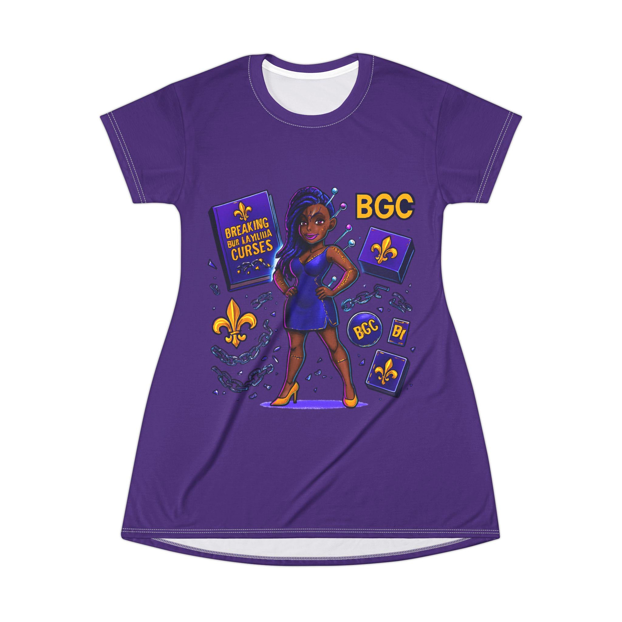 Breaking Curses Girl Cartoon T-Shirt Dress | BGC Fleur-de-Lis Purple